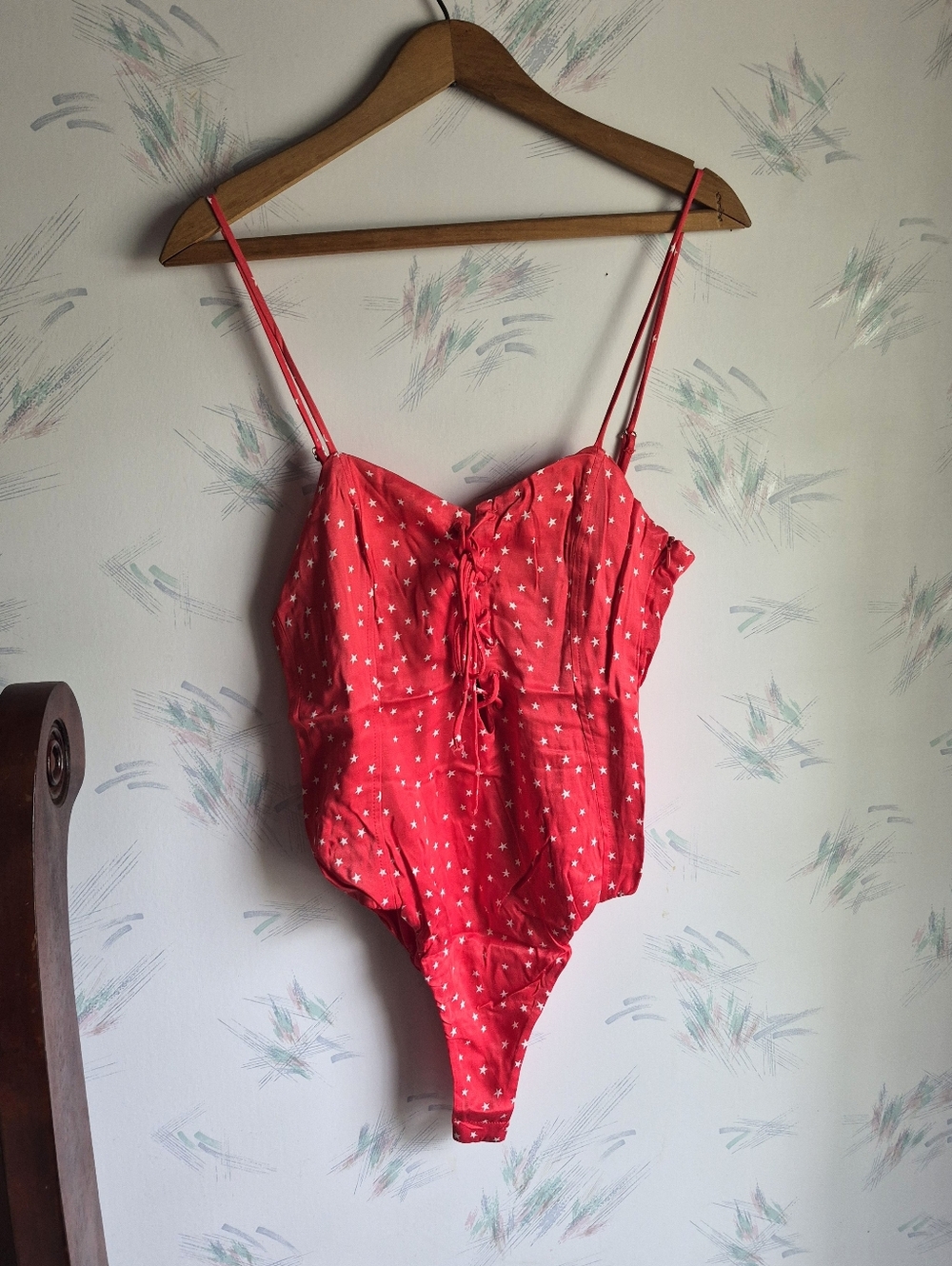 Zara Red Star Print Bodysuit Lace Up Sleeveless Small